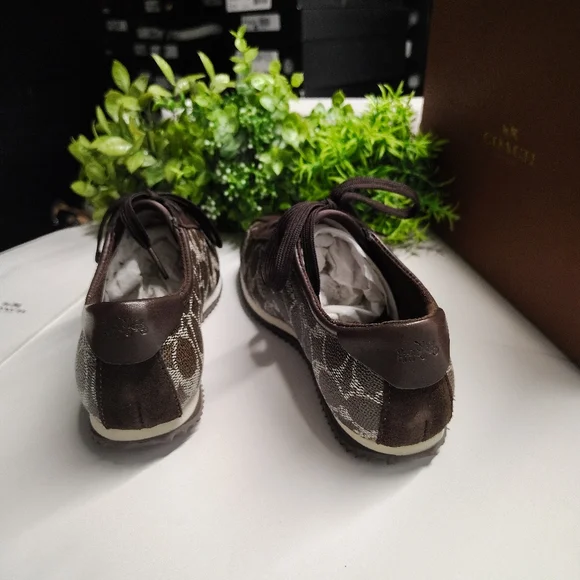 Coach Ivory Signature Monogram Sneakers | Black-Brown Chestnut Leather Trim - Picture 6 of 9